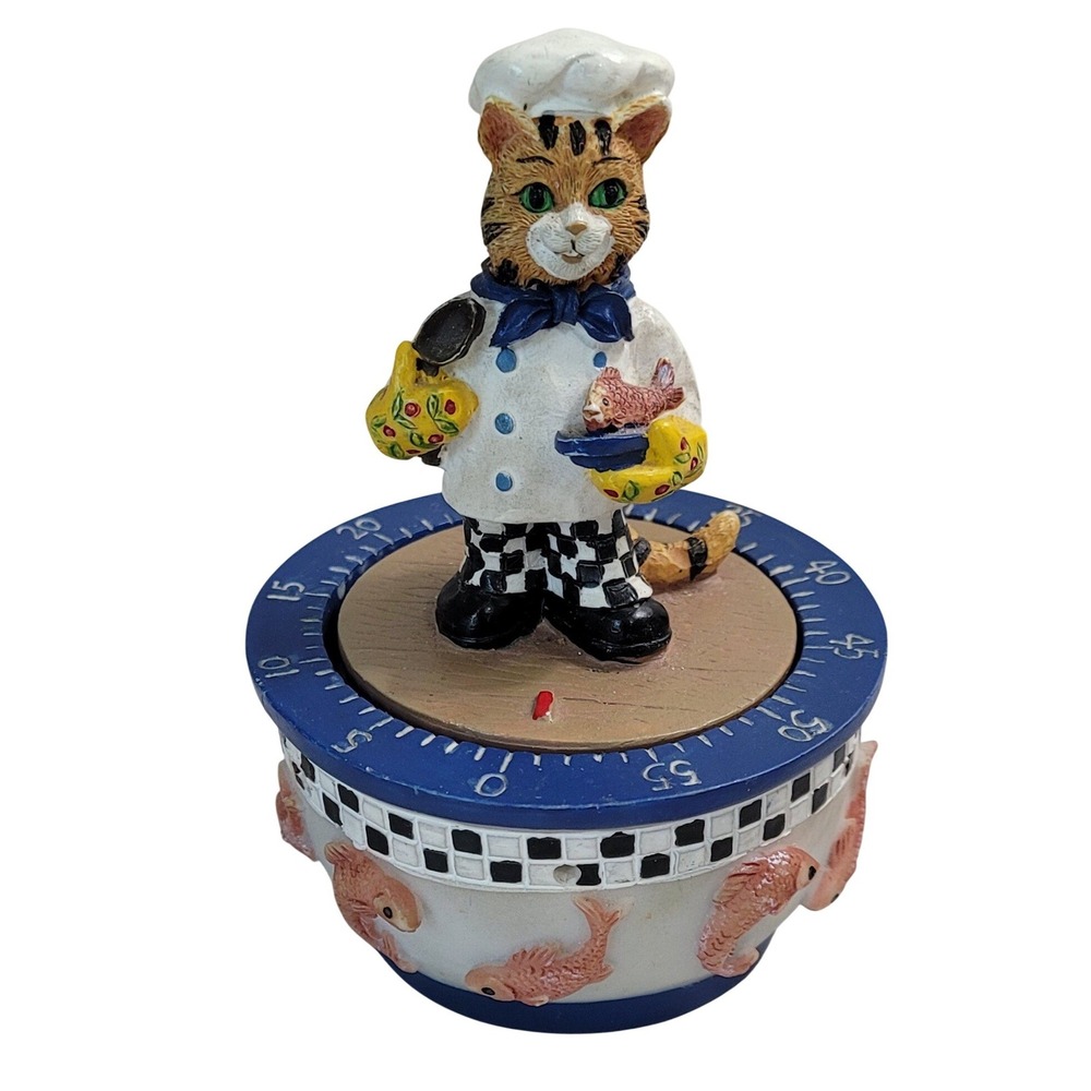Boston Warehouse Chef Cat Kitchen Timer 60 Minute Mechanical Resin Blue White OS